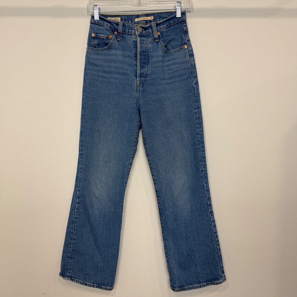Levis Premium Ribcage Crop Boot Jeans Blue High Rise Button Fly Size 25